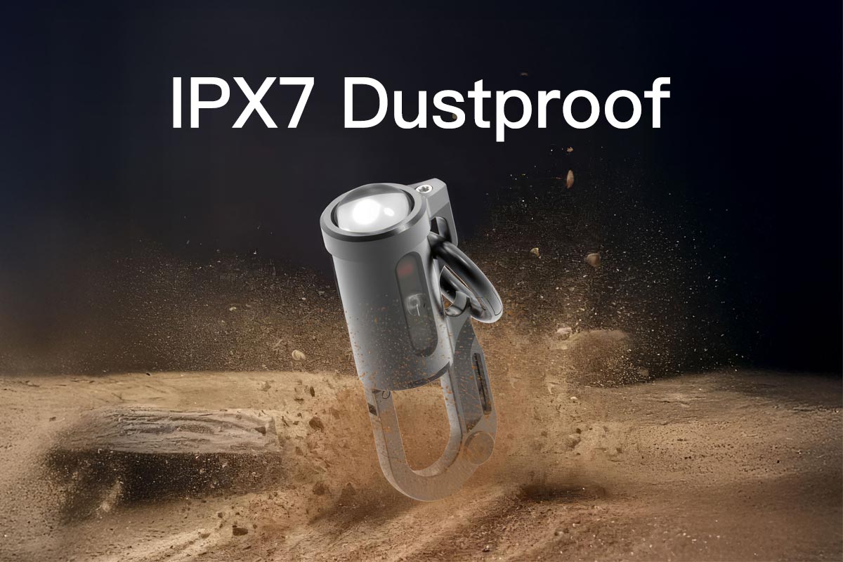 Dustproof light with IPX7 text on a dark background