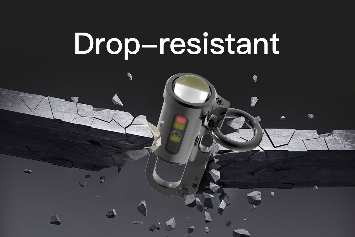 Light bulb breaking through a surface with 'Drop-resistant' text above.