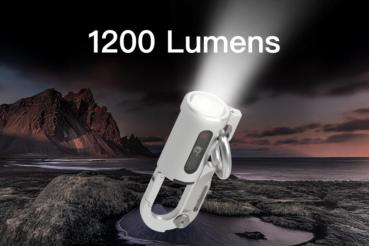 Flashlight with 1200 lumens on a mountainous landscape background