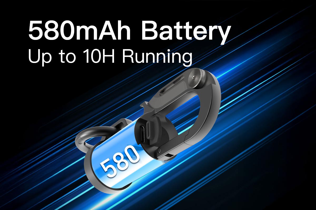 Product with 580mAh battery capacity and 10-hour running time on a dark background