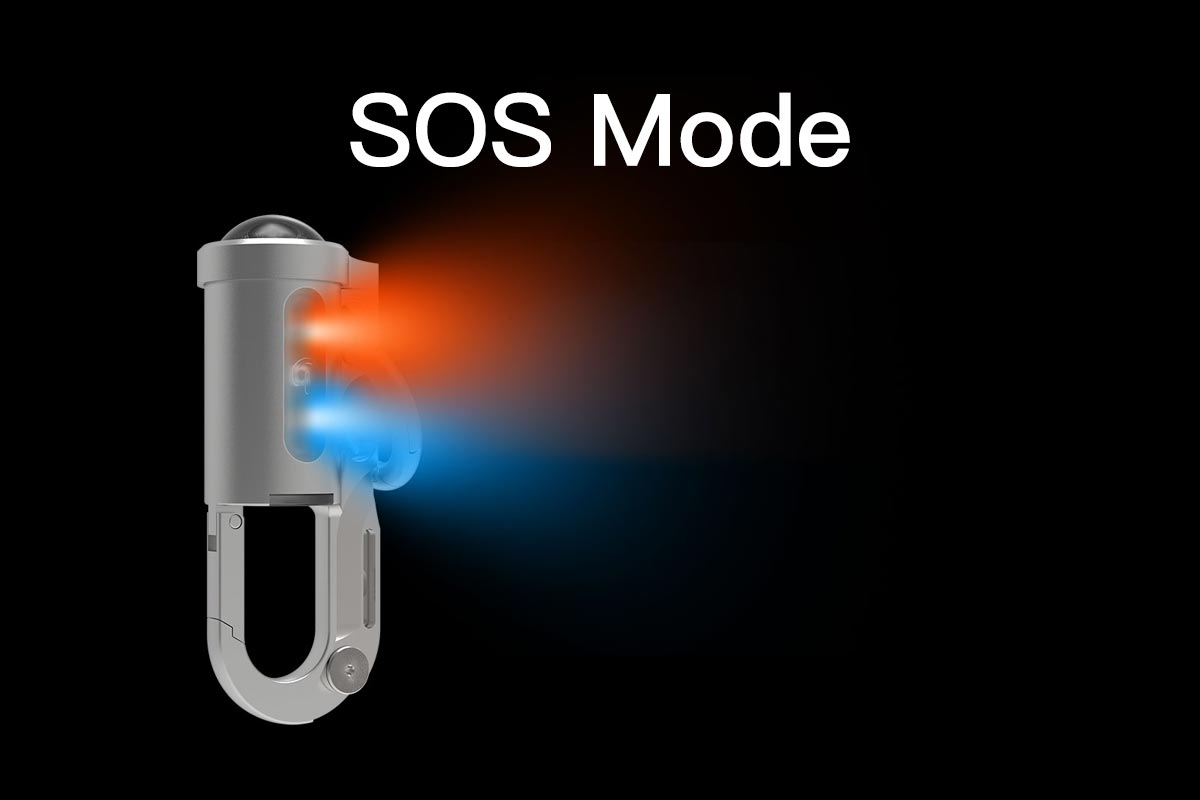 Carabiner with light emitting red and blue beams on a black background, labeled 'SOS Mode'.