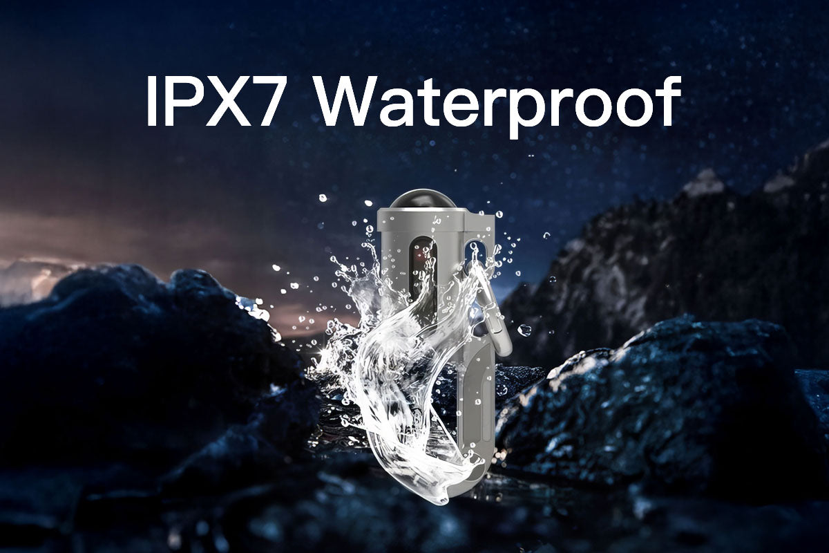 Product being sprayed with water against a mountainous background with 'IPX7 Waterproof' text.